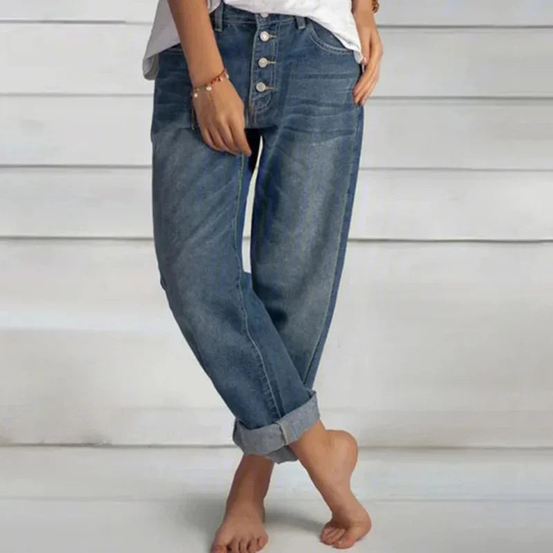 Womens High Waist Jeans Comfortable Relaxed Fit - BritishMode
