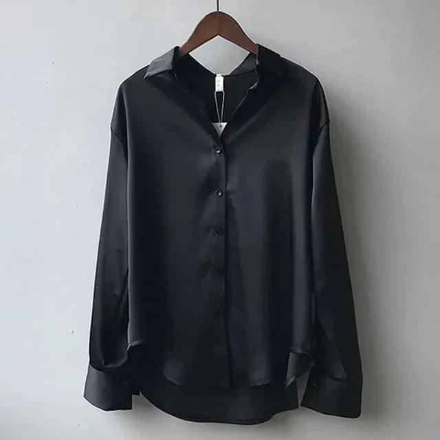 Womens Satin Blouse Point Collar Button-Front Relaxed Fit Long Sleeve
