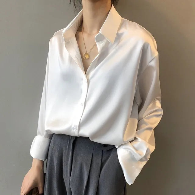 Womens Satin Blouse Point Collar Button-Front Relaxed Fit Long Sleeve