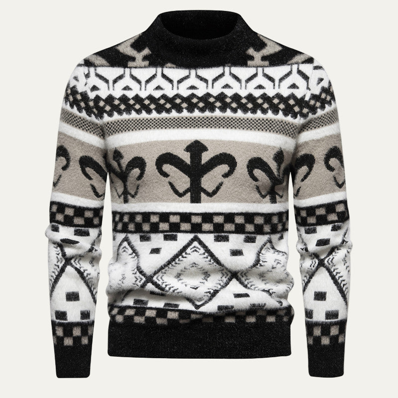 Mens Knit Sweater with Nordic Pattern Mock Neck