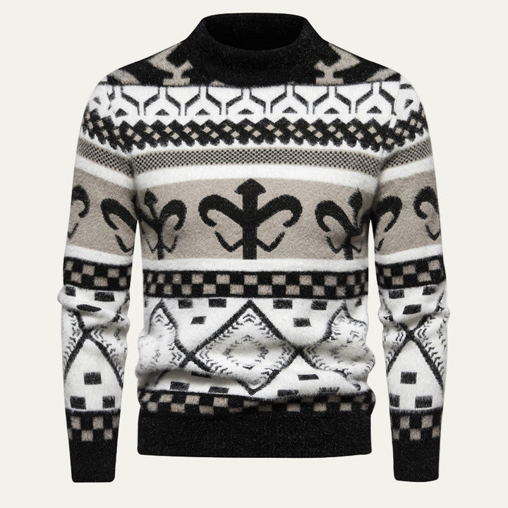 Mens Knit Sweater with Nordic Pattern Mock Neck