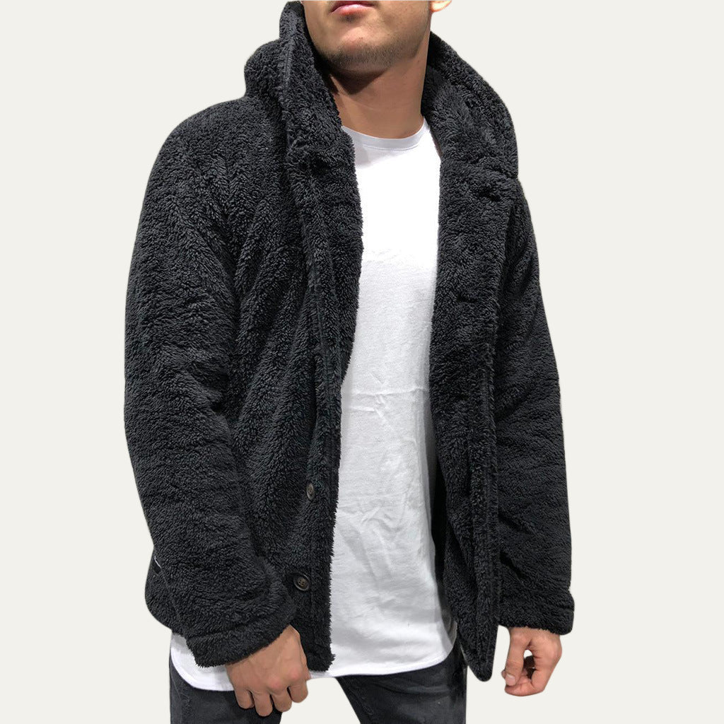 Mens Fleece Jacket Plush Hooded Button Front