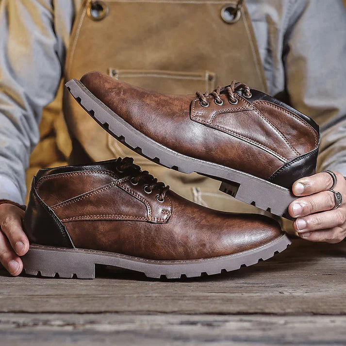 Mens Ankle Boots PU Leather Lace-Up Sturdy Sole - BritishMode