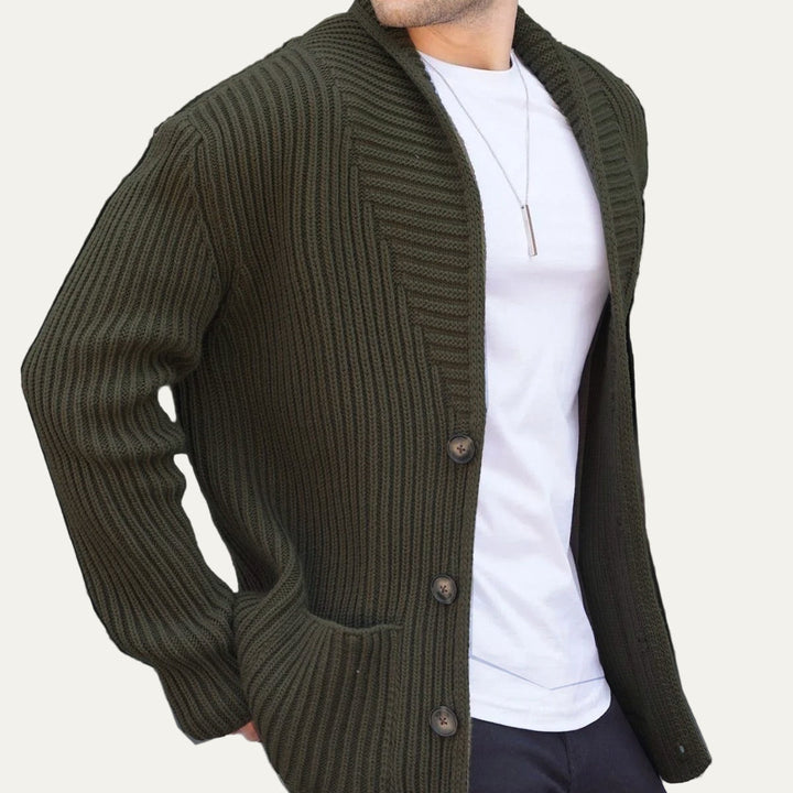 Mens Ribbed Cardigan Chunky Knit Deep Neckline