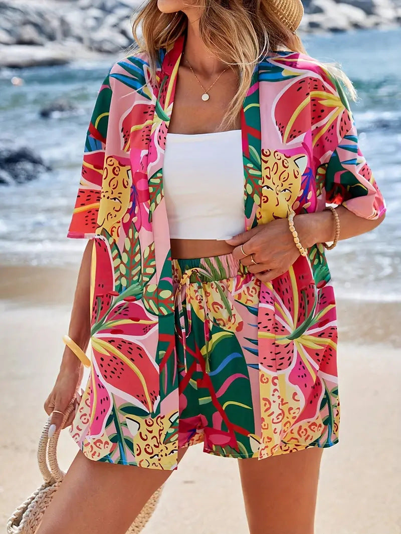Womens Two-Piece Set Kimono Cardigan and Shorts Floral Lightweight