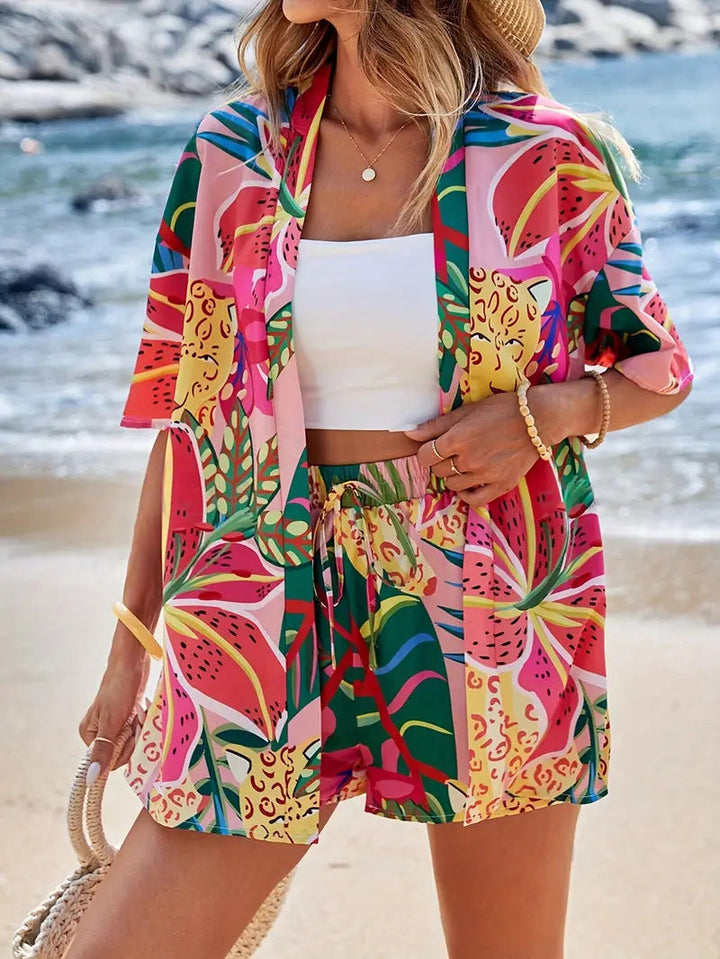 Womens Two-Piece Set Kimono Cardigan and Shorts Floral Lightweight