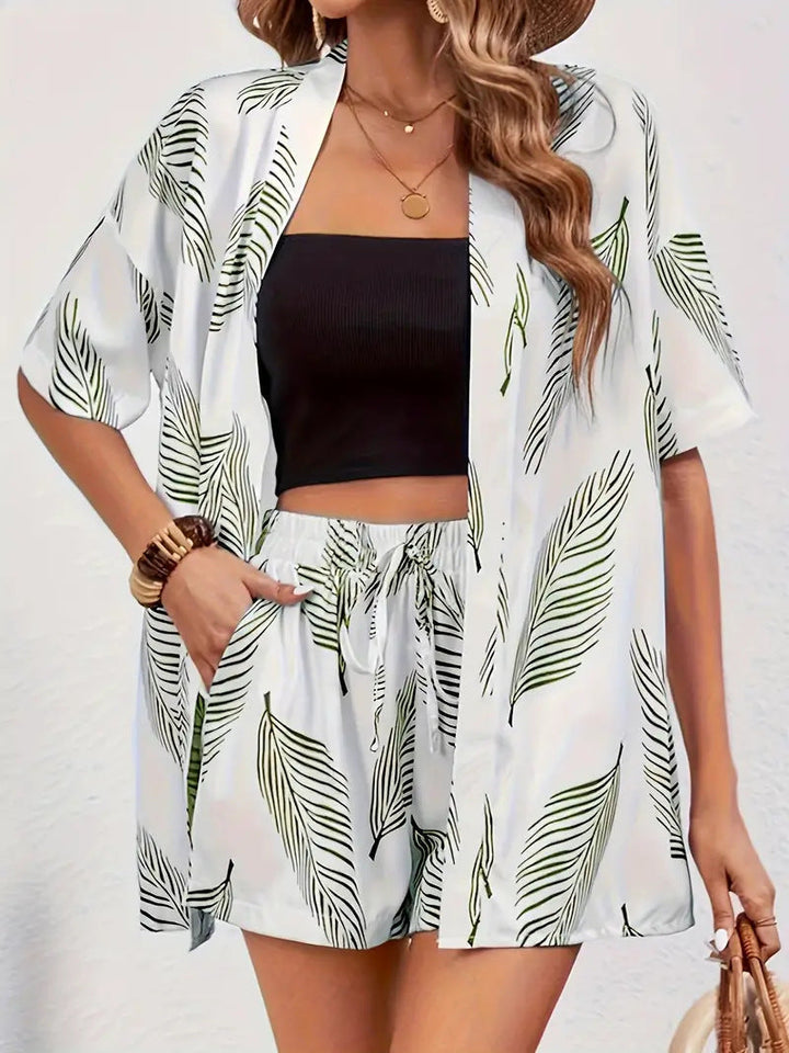 Womens Two-Piece Set Kimono Cardigan and Shorts Floral Lightweight