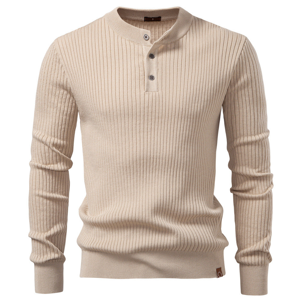 Mens Ribbed Knit Sweater Henley Stand Neck