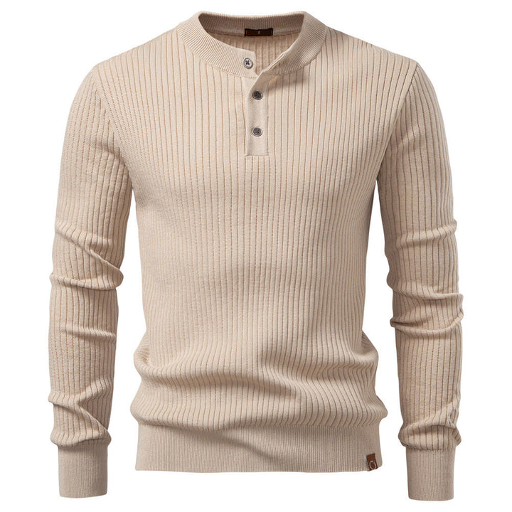 Mens Ribbed Knit Sweater Henley Stand Neck