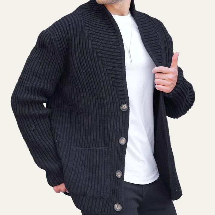 Mens Ribbed Cardigan Chunky Knit Deep Neckline