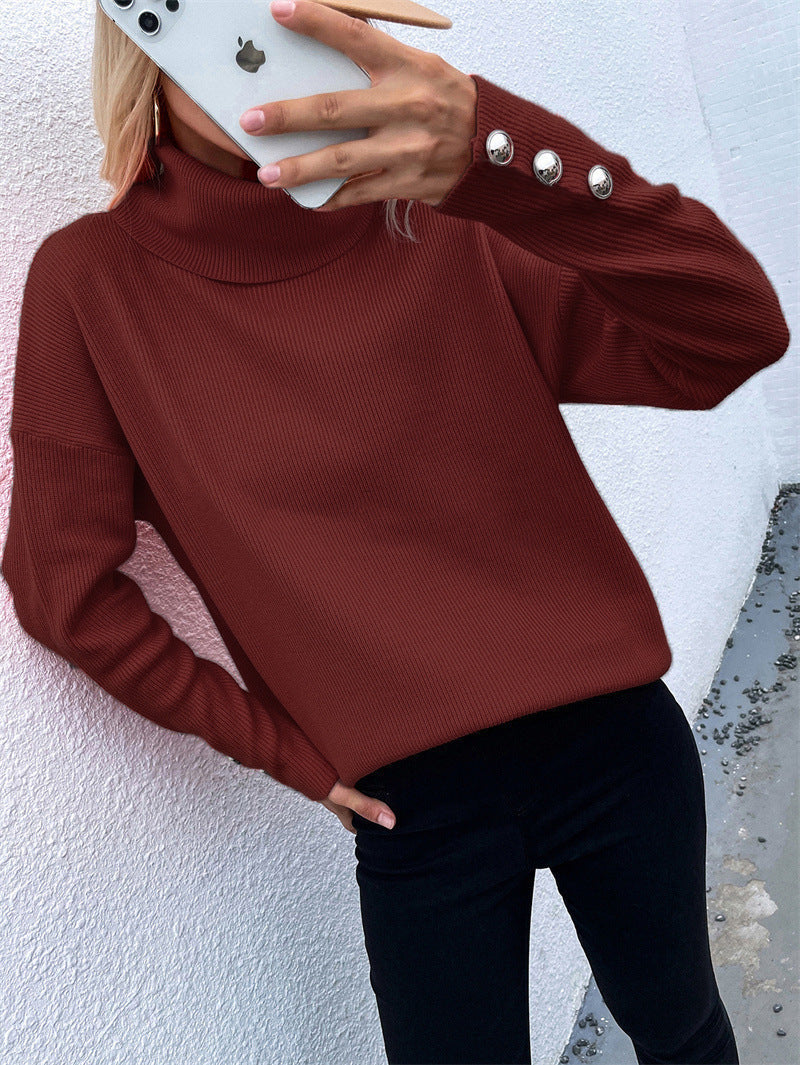 Womens Turtleneck Sweater with Button Cuffs Winter Knit