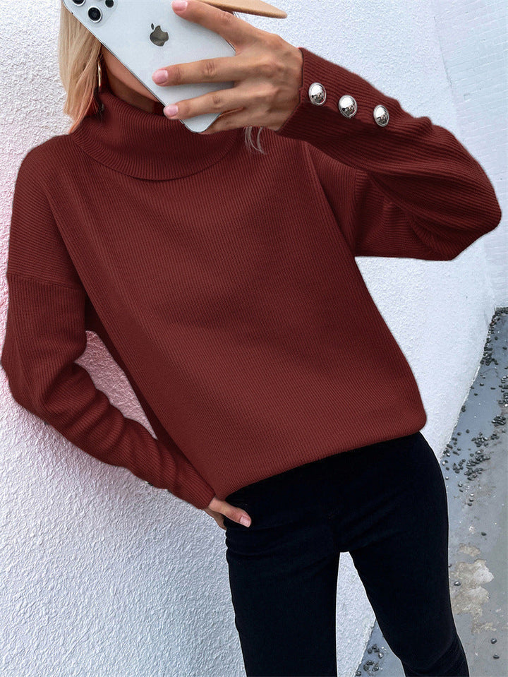Womens Turtleneck Sweater with Button Cuffs Winter Knit