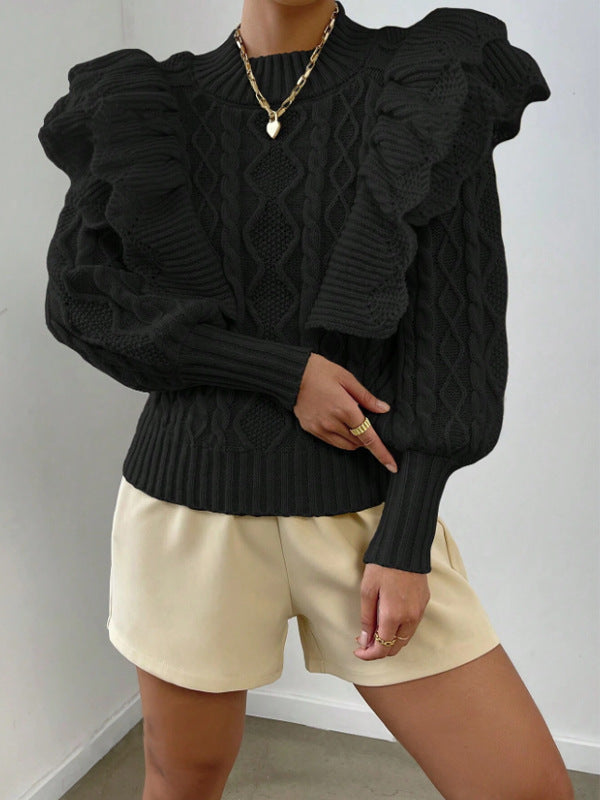 Womens Long Knit Sweater with Ruffles