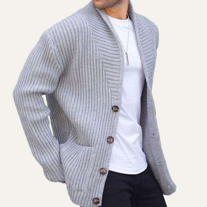 Mens Ribbed Cardigan Chunky Knit Deep Neckline
