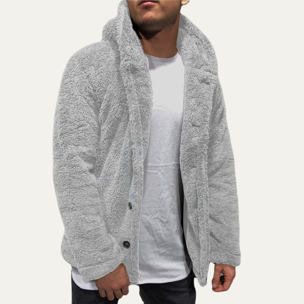 Mens Fleece Jacket Plush Hooded Button Front