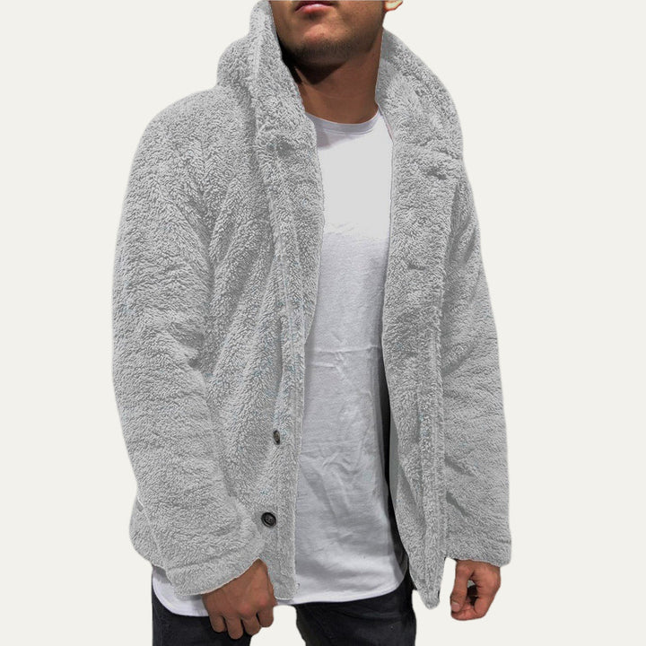 Mens Fleece Jacket Plush Hooded Button Front