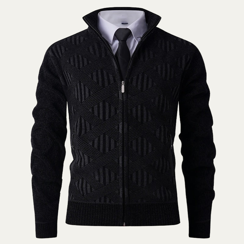 Mens Knit Zip Cardigan Geometric Pattern Modern Fit