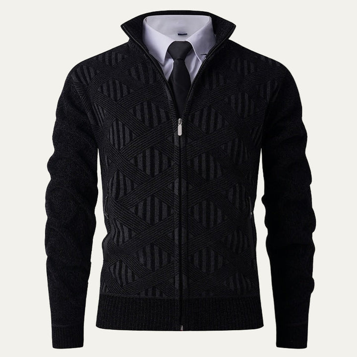 Mens Knit Zip Cardigan Geometric Pattern Modern Fit