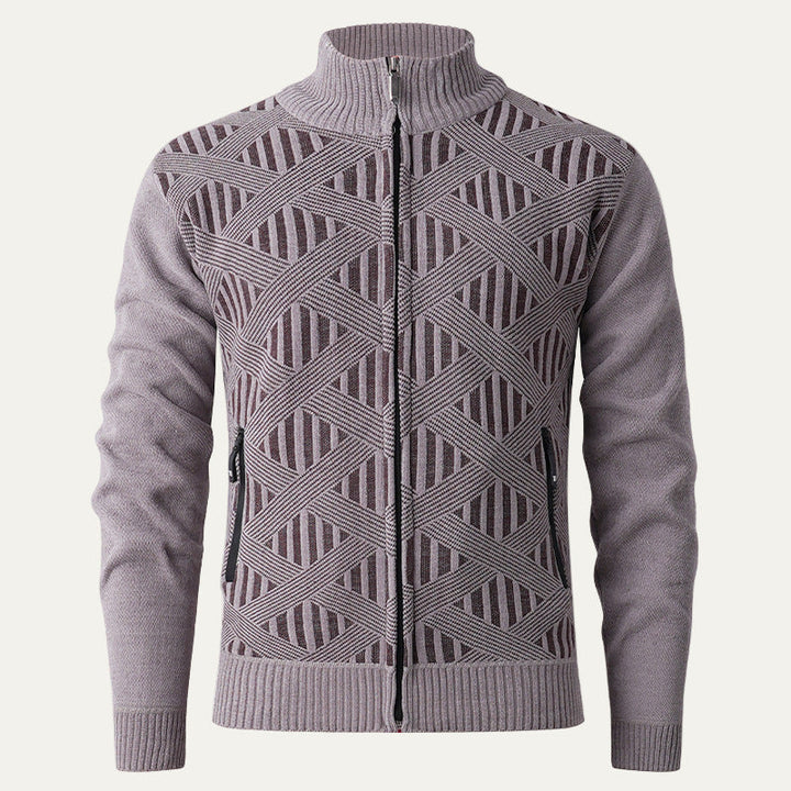 Mens Knit Zip Cardigan Geometric Pattern Modern Fit