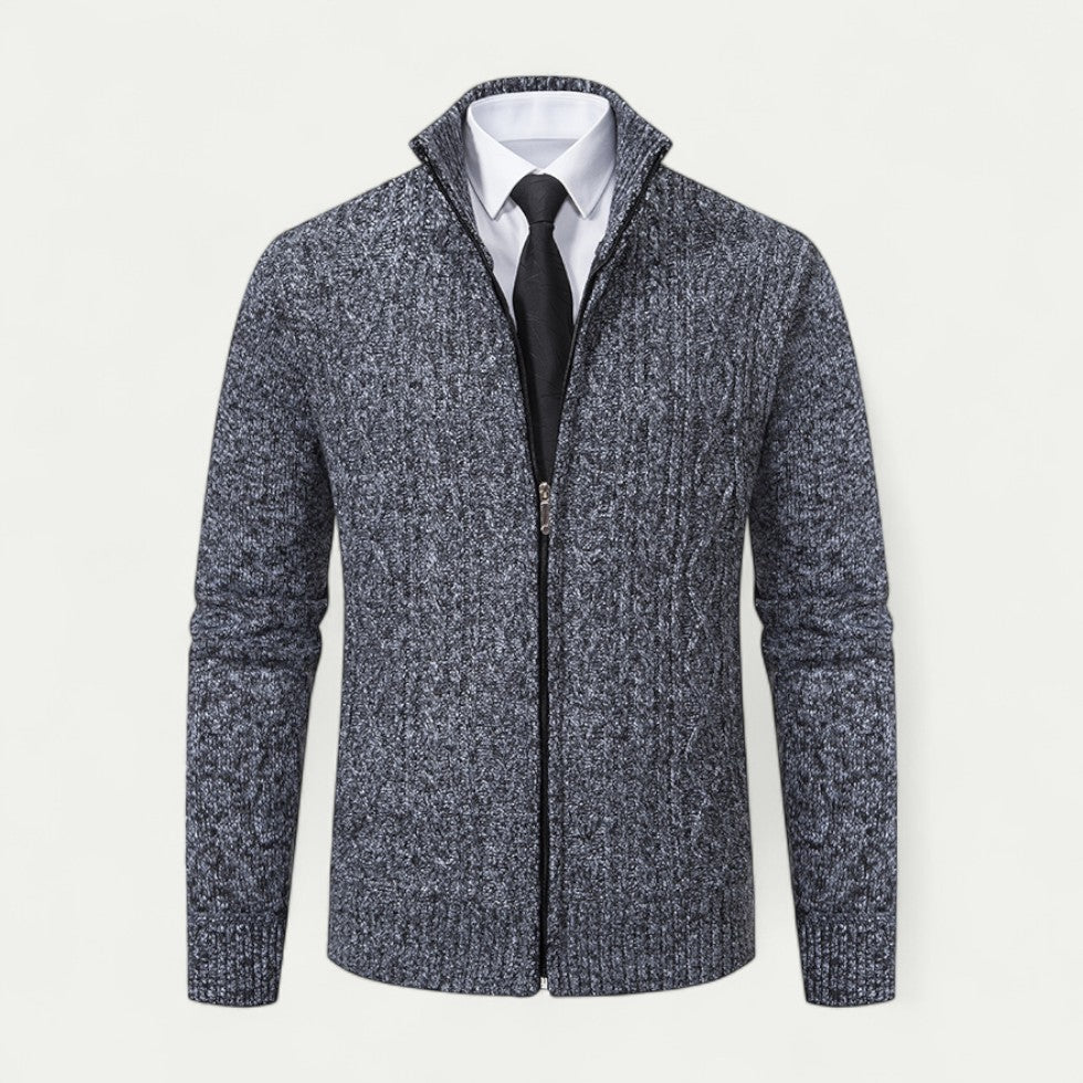 Mens Full Zip Cardigan Textured Knit High Collar