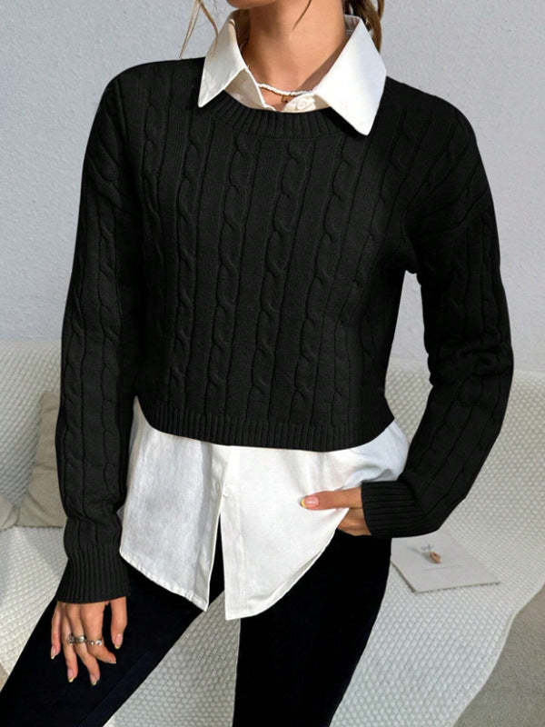 Womens Crewneck Sweater Cable Knit Short Sleeve