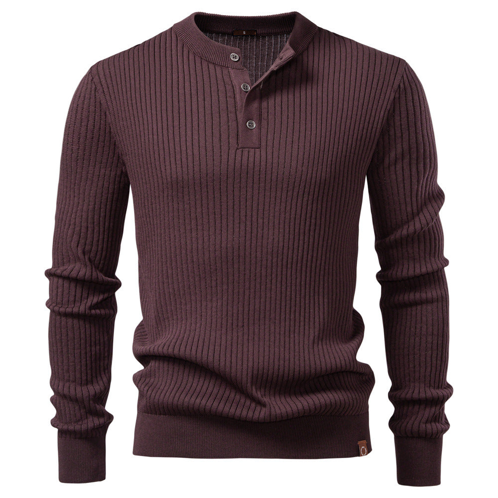 Mens Ribbed Knit Sweater Henley Stand Neck
