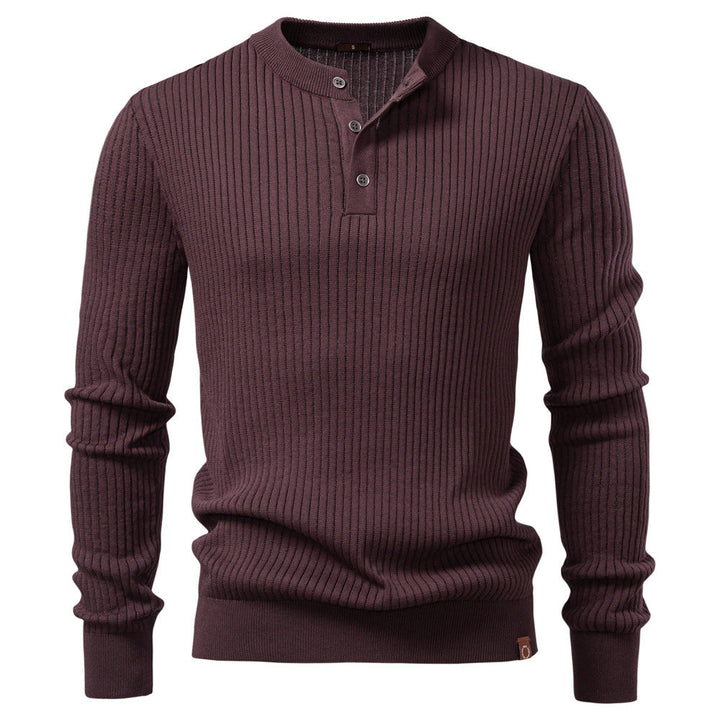Mens Ribbed Knit Sweater Henley Stand Neck