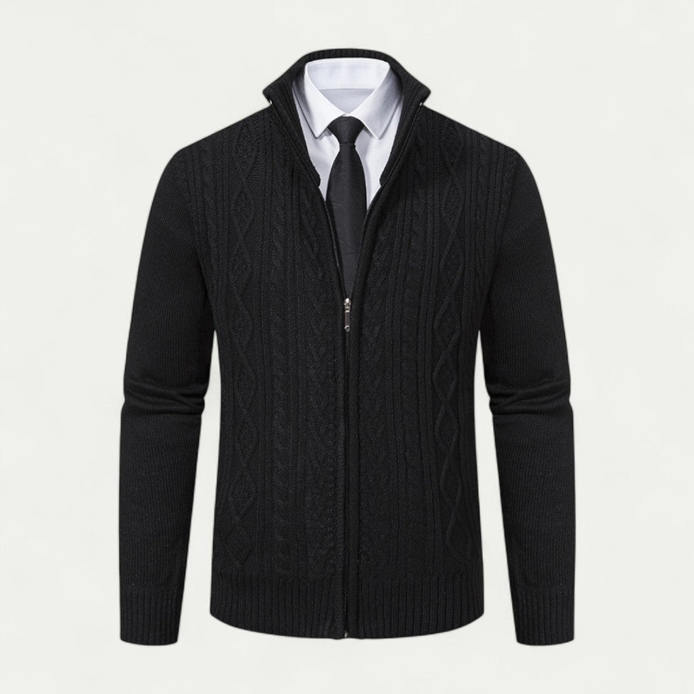 Mens Full Zip Cardigan Textured Knit High Collar