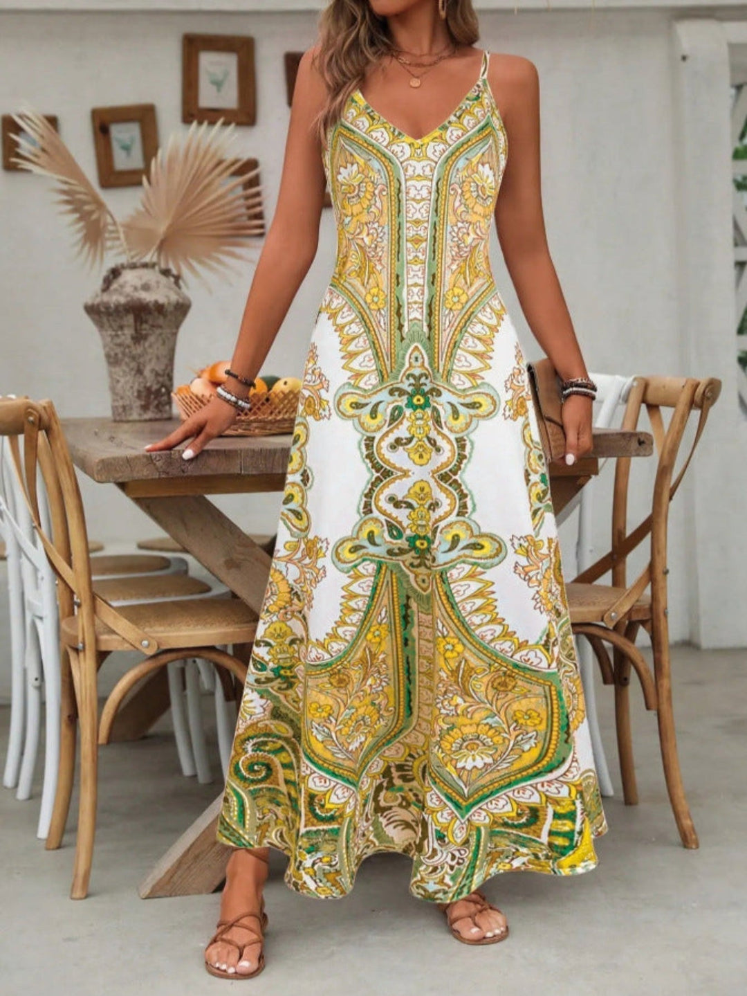 Womens Maxi Dress Paisley Pattern V-Neck
