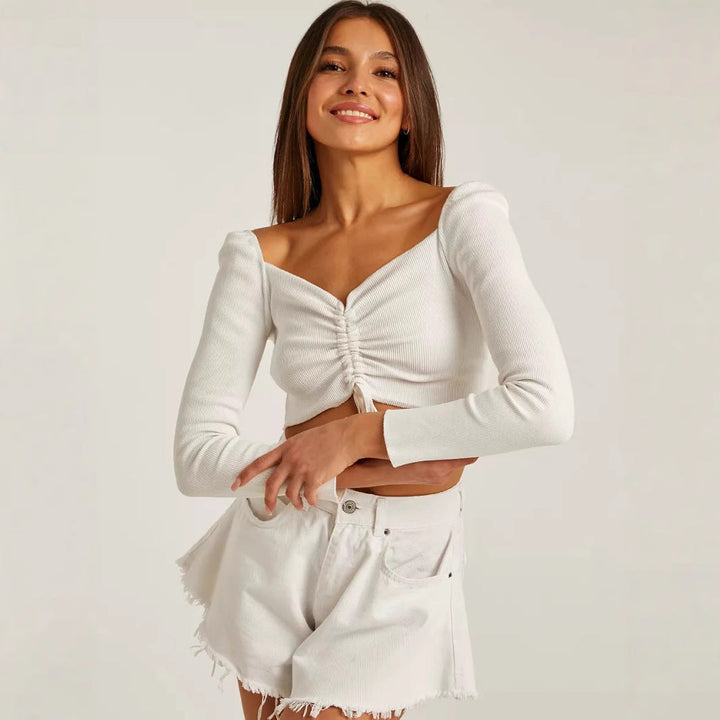 Womens Blouse Gathered Front Long Sleeve Elegant Fit - BritishMode