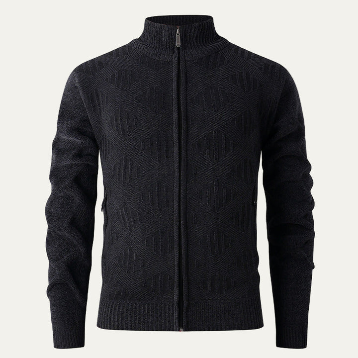 Mens Knit Zip Cardigan Geometric Pattern Modern Fit