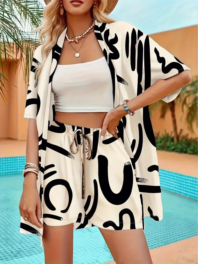 Womens Two-Piece Set Kimono Cardigan and Shorts Floral Lightweight