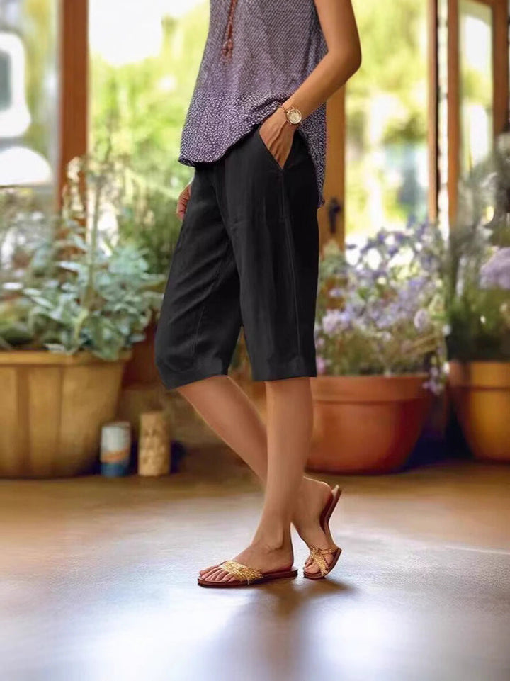Womens Cropped Capri Trousers Linen Blend Relaxed Fit