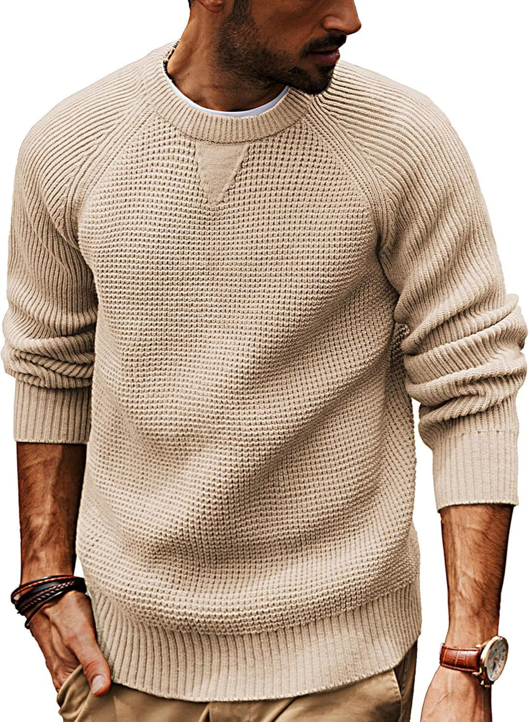 Mens Pullover Sweater Waffle Knit Raglan Fit