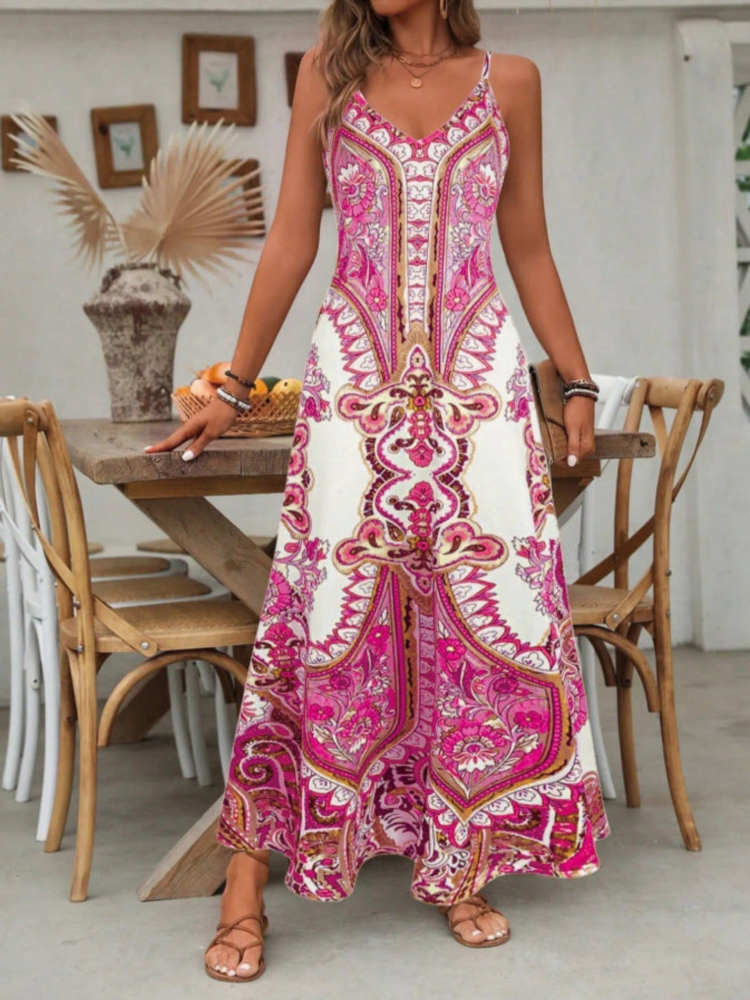 Womens Maxi Dress Paisley Pattern V-Neck