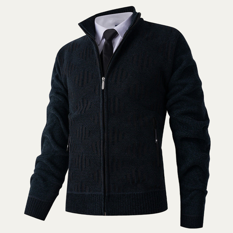 Mens Knit Zip Cardigan Geometric Pattern Modern Fit