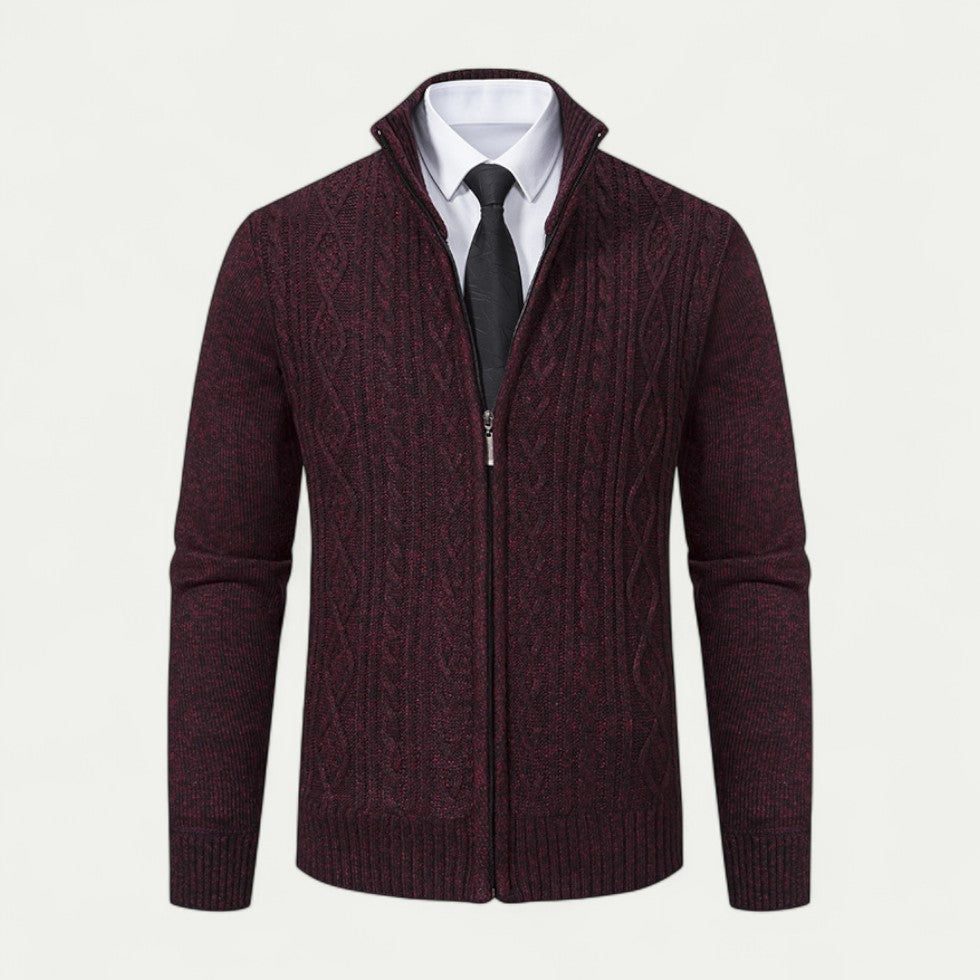 Mens Full Zip Cardigan Textured Knit High Collar