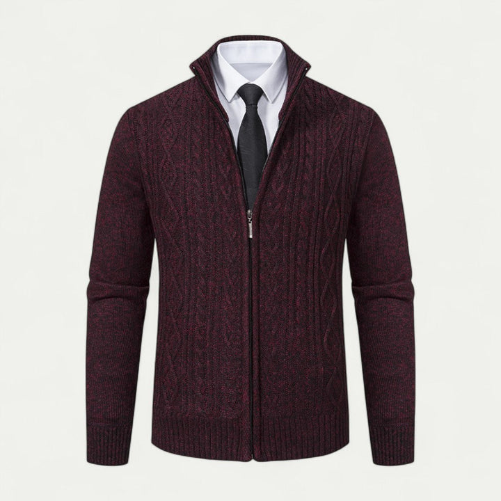 Mens Full Zip Cardigan Textured Knit High Collar