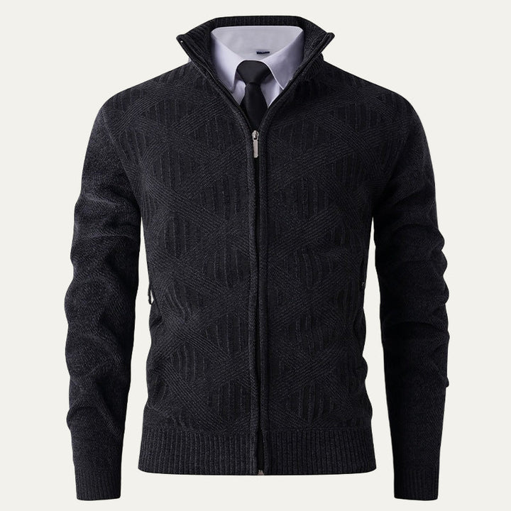 Mens Knit Zip Cardigan Geometric Pattern Modern Fit