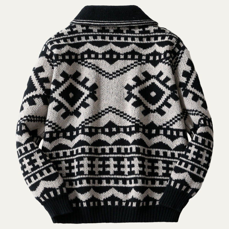 Mens Knit Zip Sweater Jacket Geometric Pattern