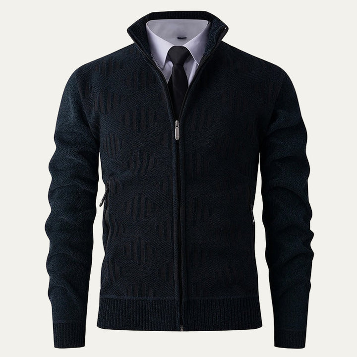 Mens Knit Zip Cardigan Geometric Pattern Modern Fit