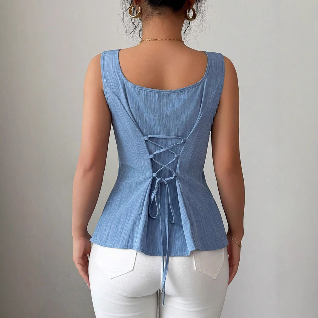 Womens Sleeveless Tank Top with Square Neck and Peplum Flare Hem