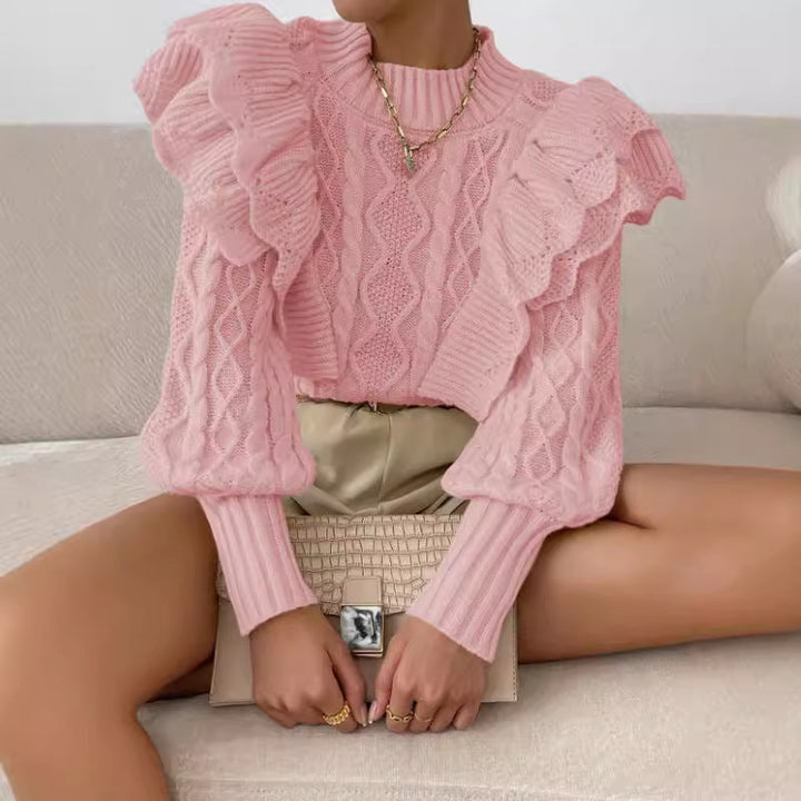 Womens Long Knit Sweater with Ruffles
