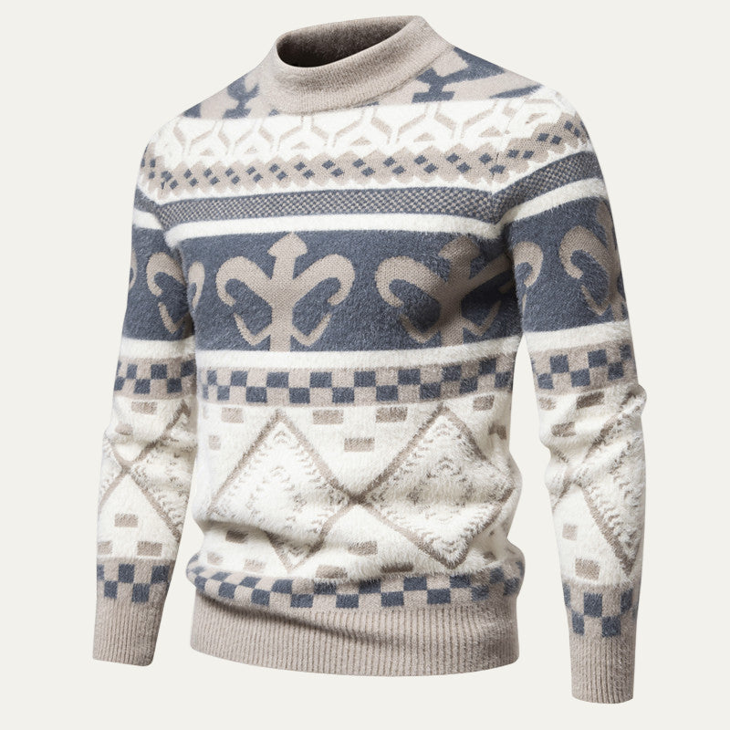 Mens Knit Sweater with Nordic Pattern Mock Neck