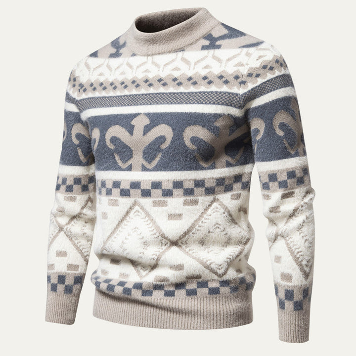 Mens Knit Sweater with Nordic Pattern Mock Neck