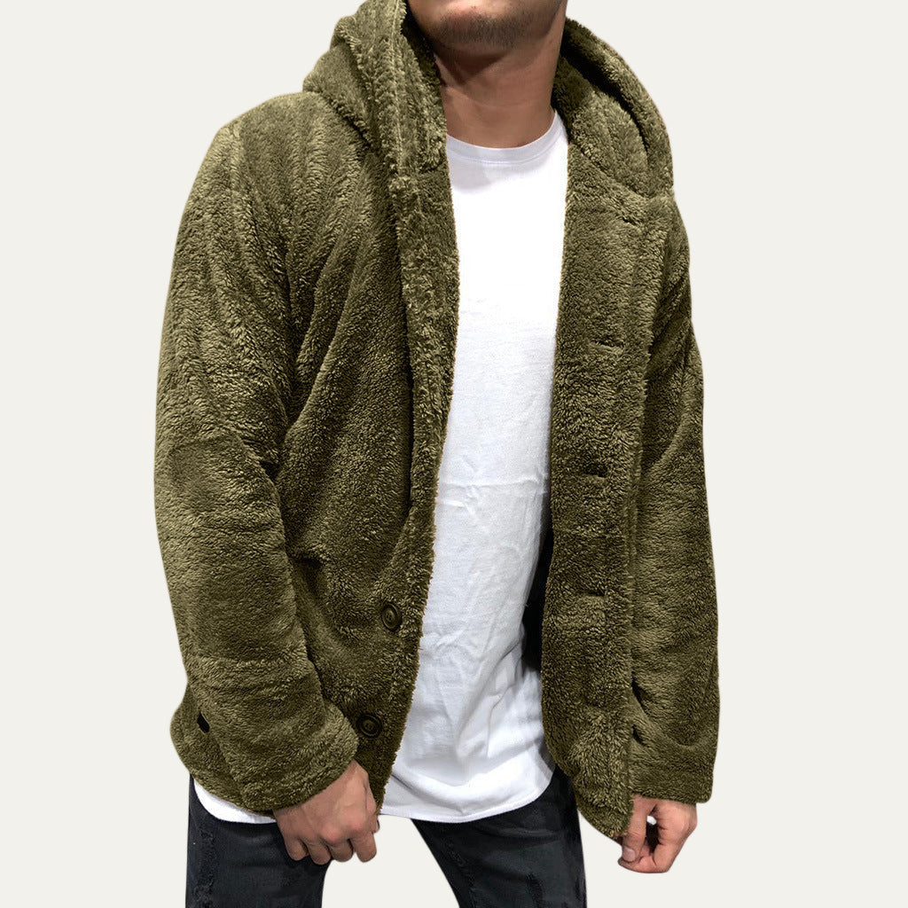 Mens Fleece Jacket Plush Hooded Button Front
