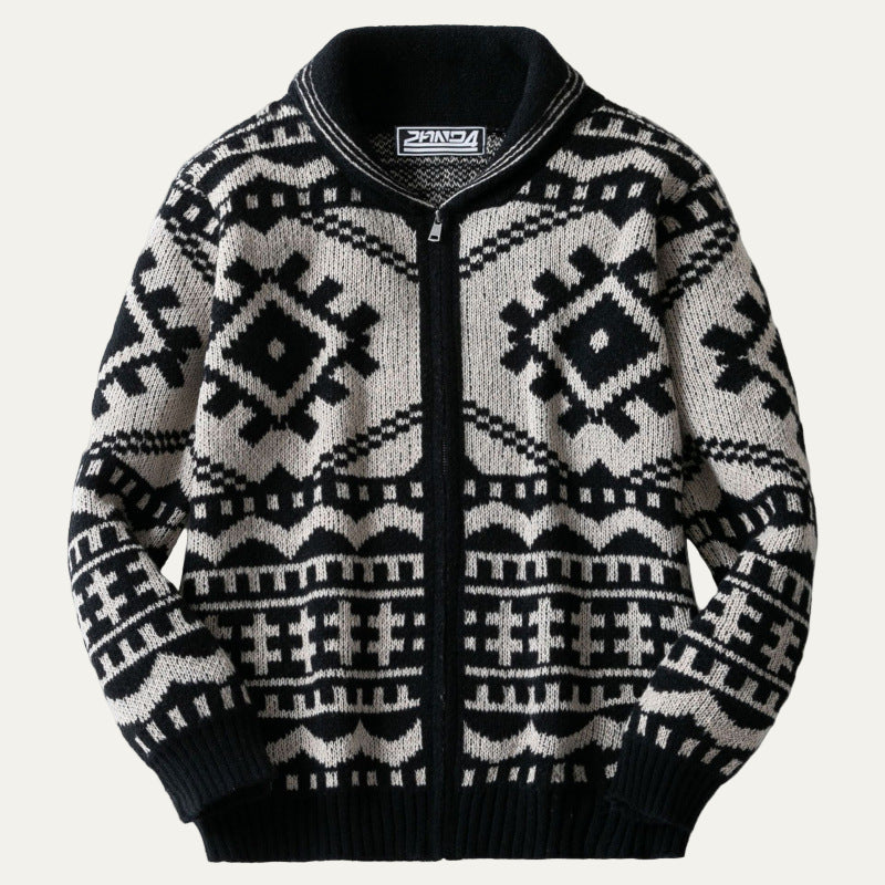 Mens Knit Zip Sweater Jacket Geometric Pattern