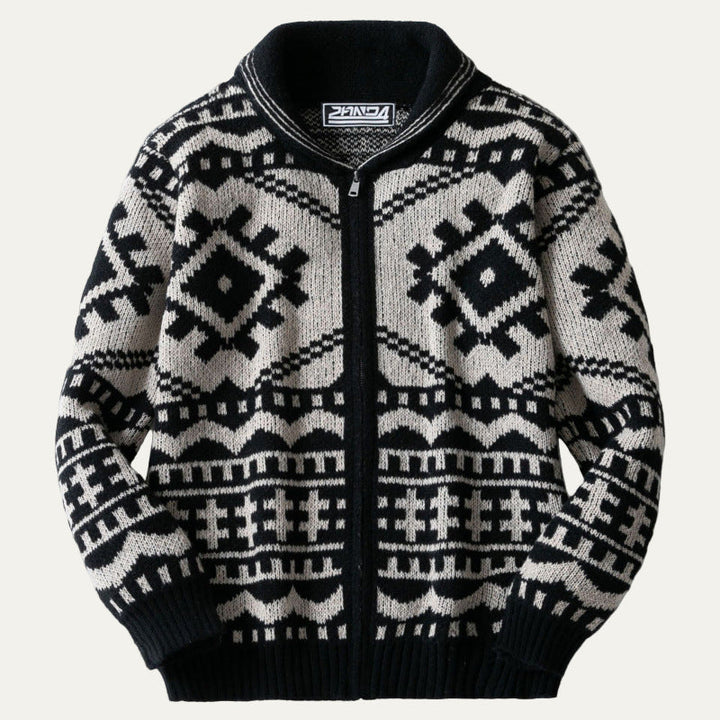 Mens Knit Zip Sweater Jacket Geometric Pattern
