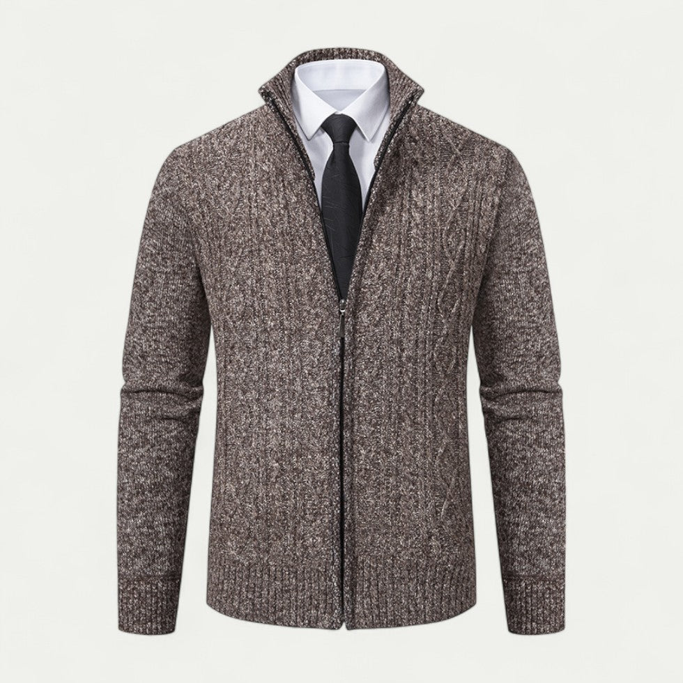 Mens Full Zip Cardigan Textured Knit High Collar