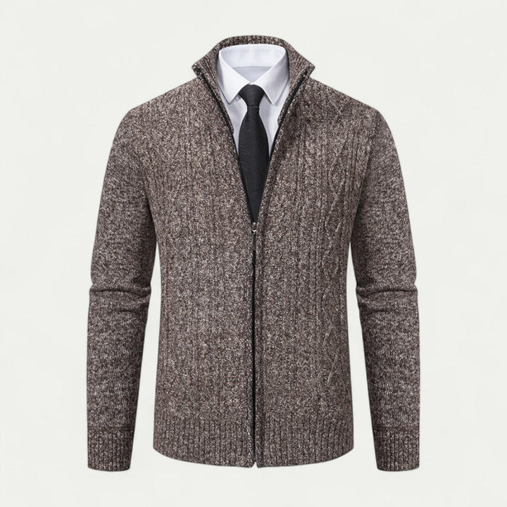Mens Full Zip Cardigan Textured Knit High Collar